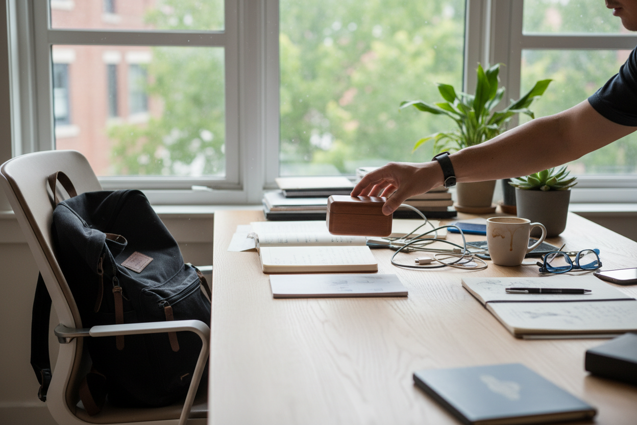 movimento leggero

finestrino, zaino, desk dinamico

mano che appoggia un oggetto

ambiente reale, non stock “perfetto”
