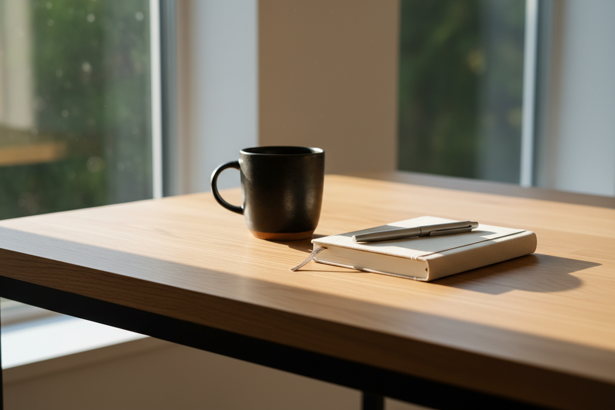 tavolo o scrivania reale

luce naturale laterale (mattino o pomeriggio)

oggetti minimi:

tazza / mug

notebook chiuso